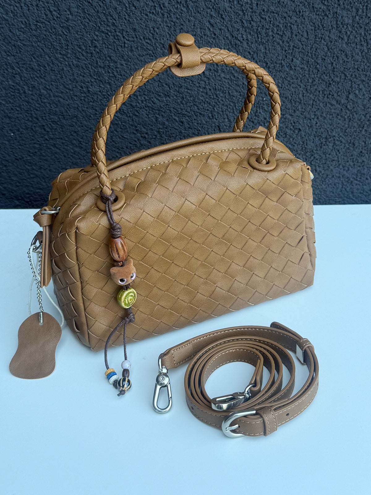 Tan Woven Handbag with Braided Too Handle