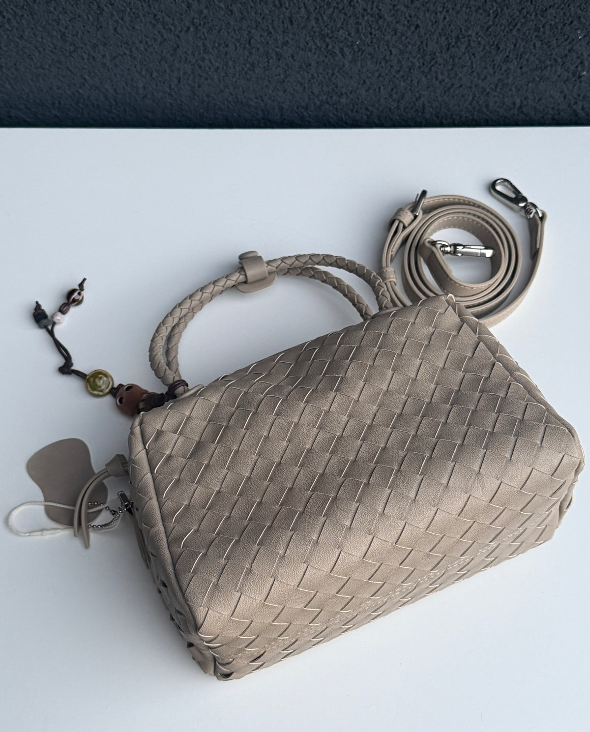 Beige Woven Handbag with Braided Top Handle