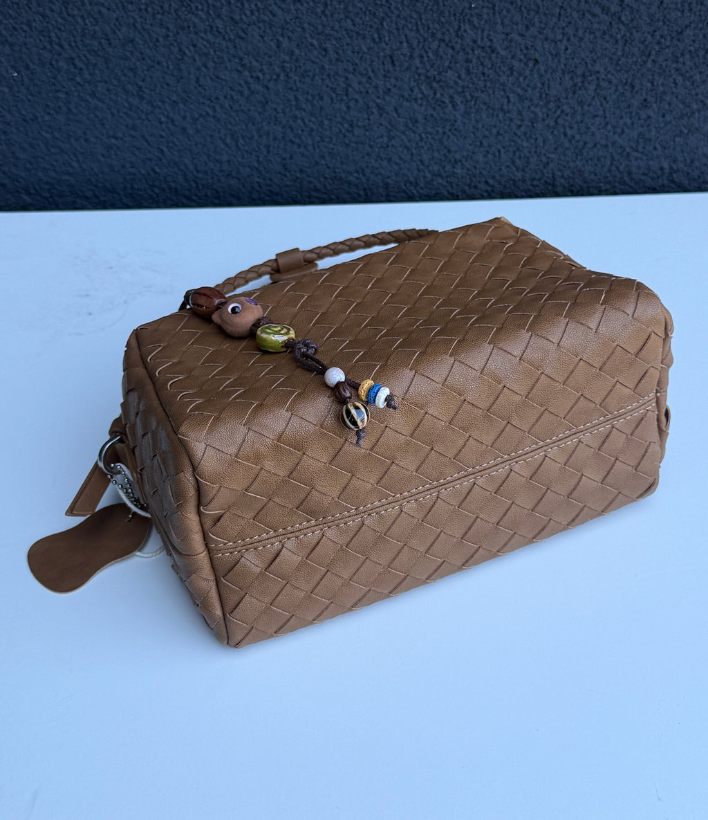 Tan Woven Handbag with Braided Too Handle