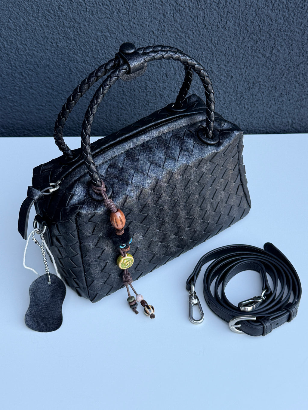 Black Woven Handbag with Braided Top Handle