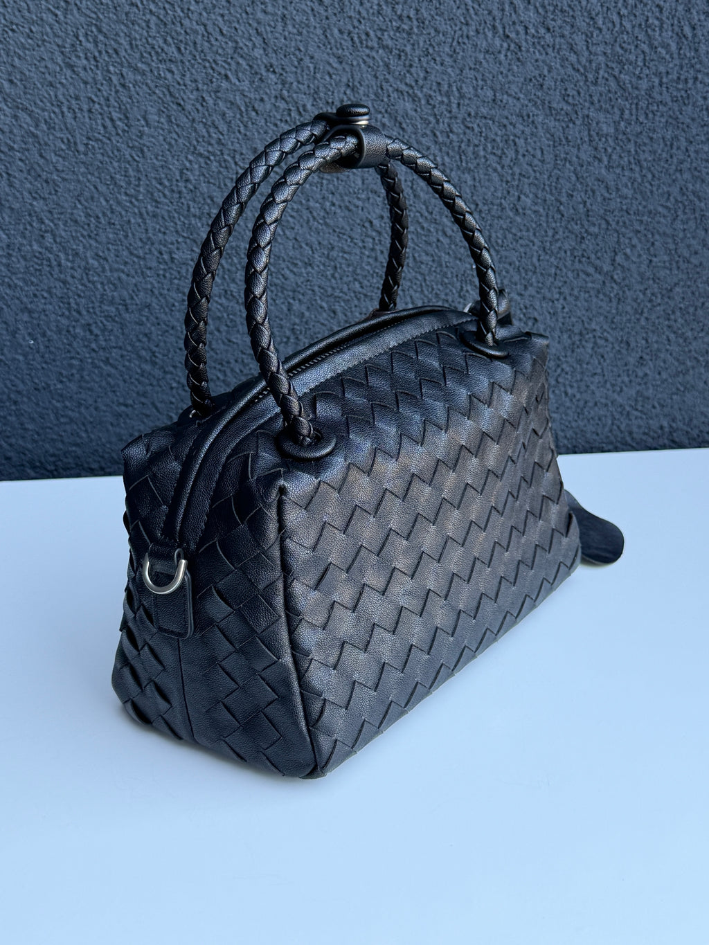 Black Woven Handbag with Braided Top Handle