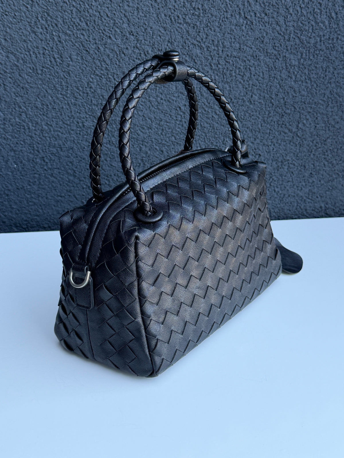 Black Woven Handbag with Braided Top Handle