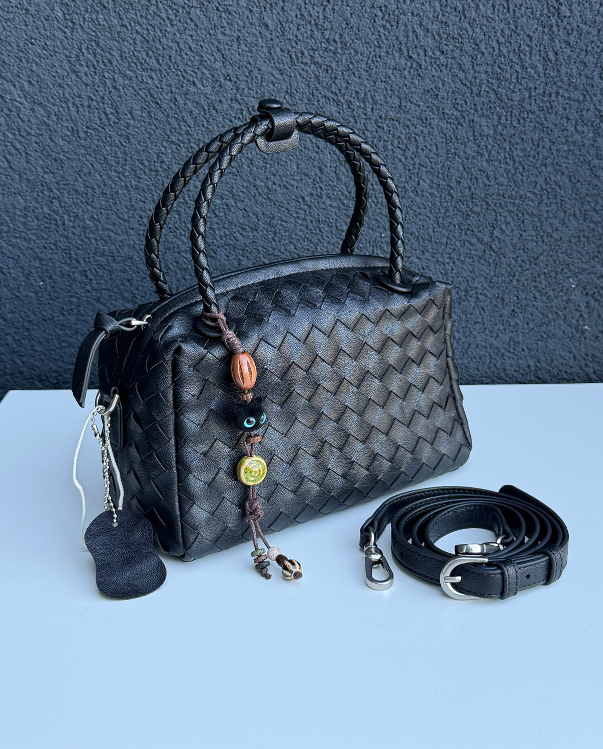 Black Woven Handbag with Braided Top Handle