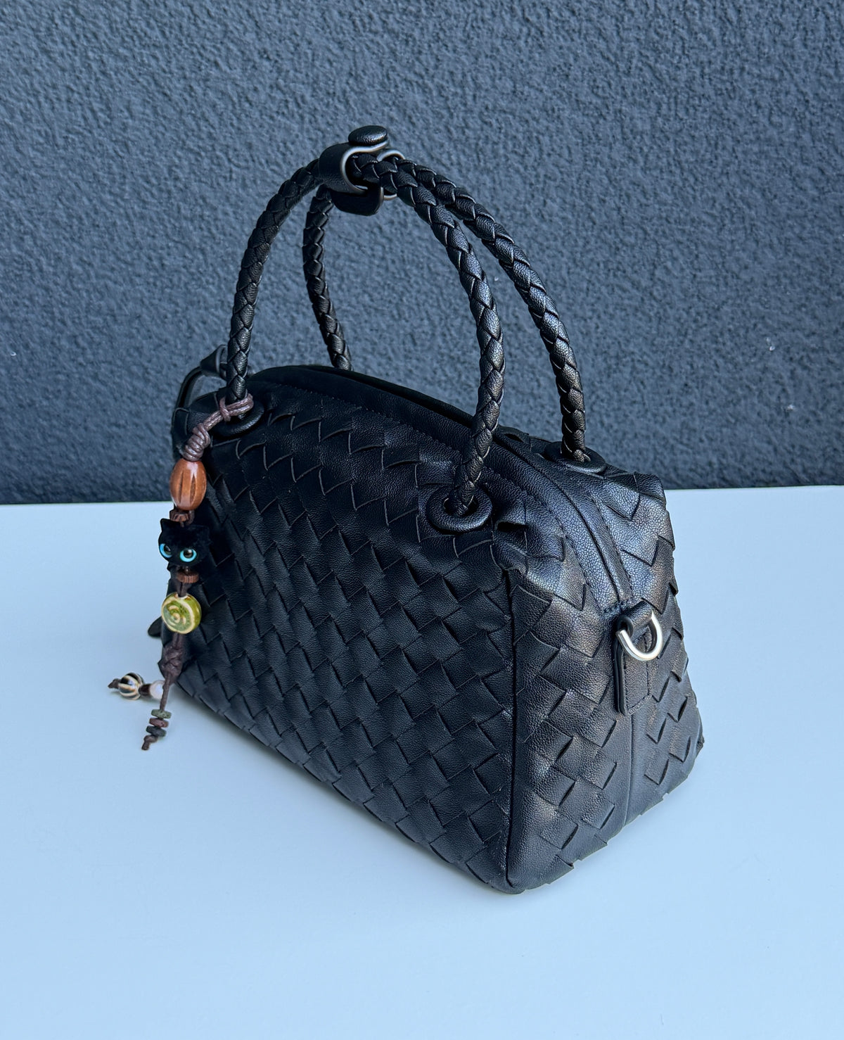 Black Woven Handbag with Braided Top Handle