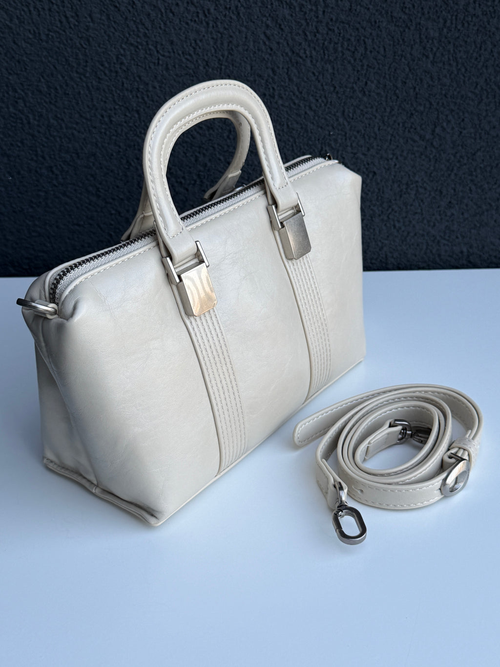 Sanqi Cream Leather Top Handle Satchel
