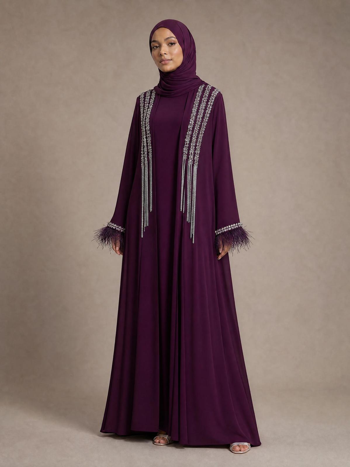 Ayla Feather Purple Abaya with inner dress