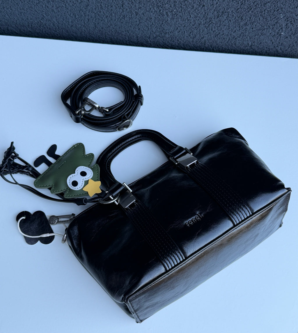 Sanqi Black Leather Top Handle Satchel