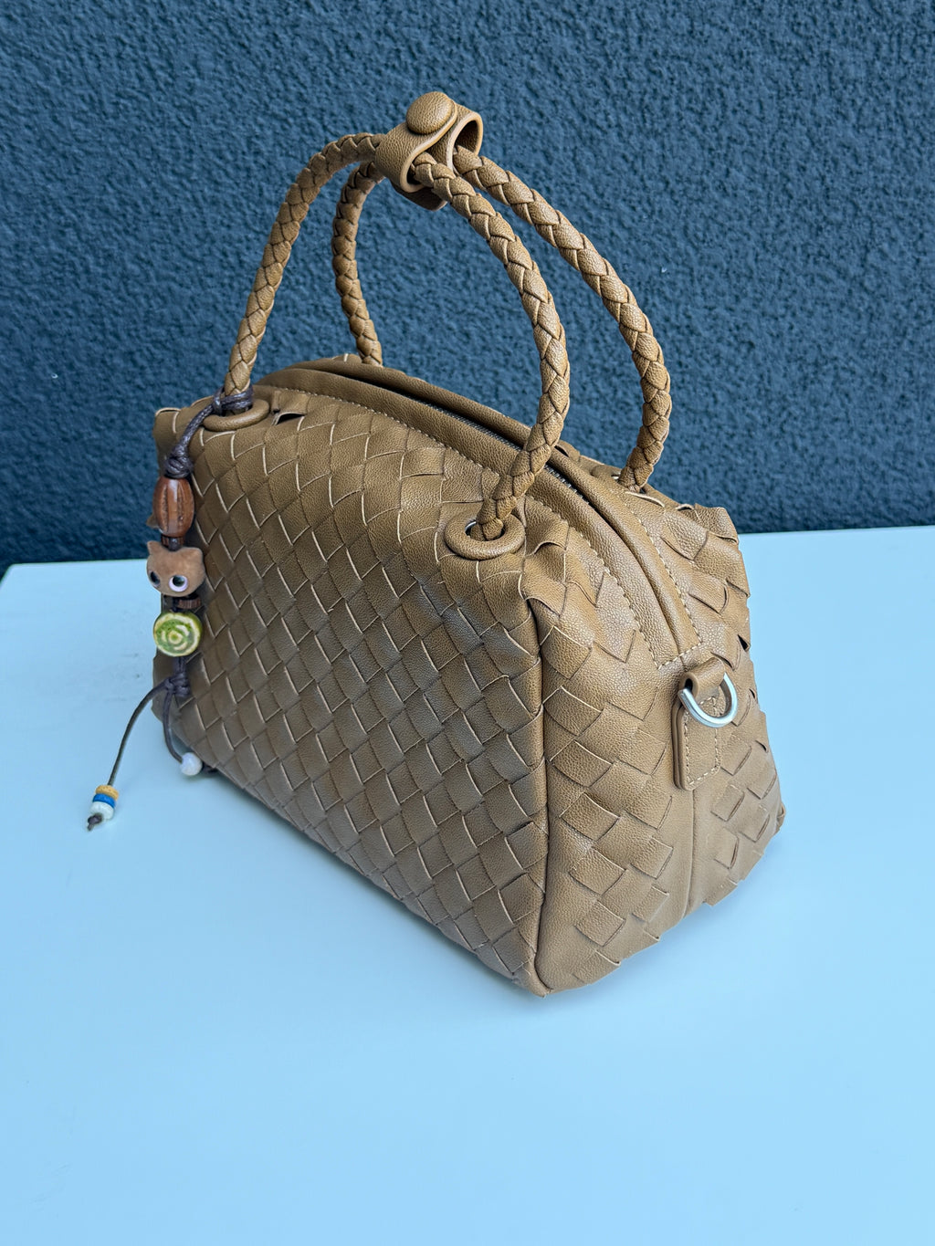 Tan Woven Handbag with Braided Too Handle