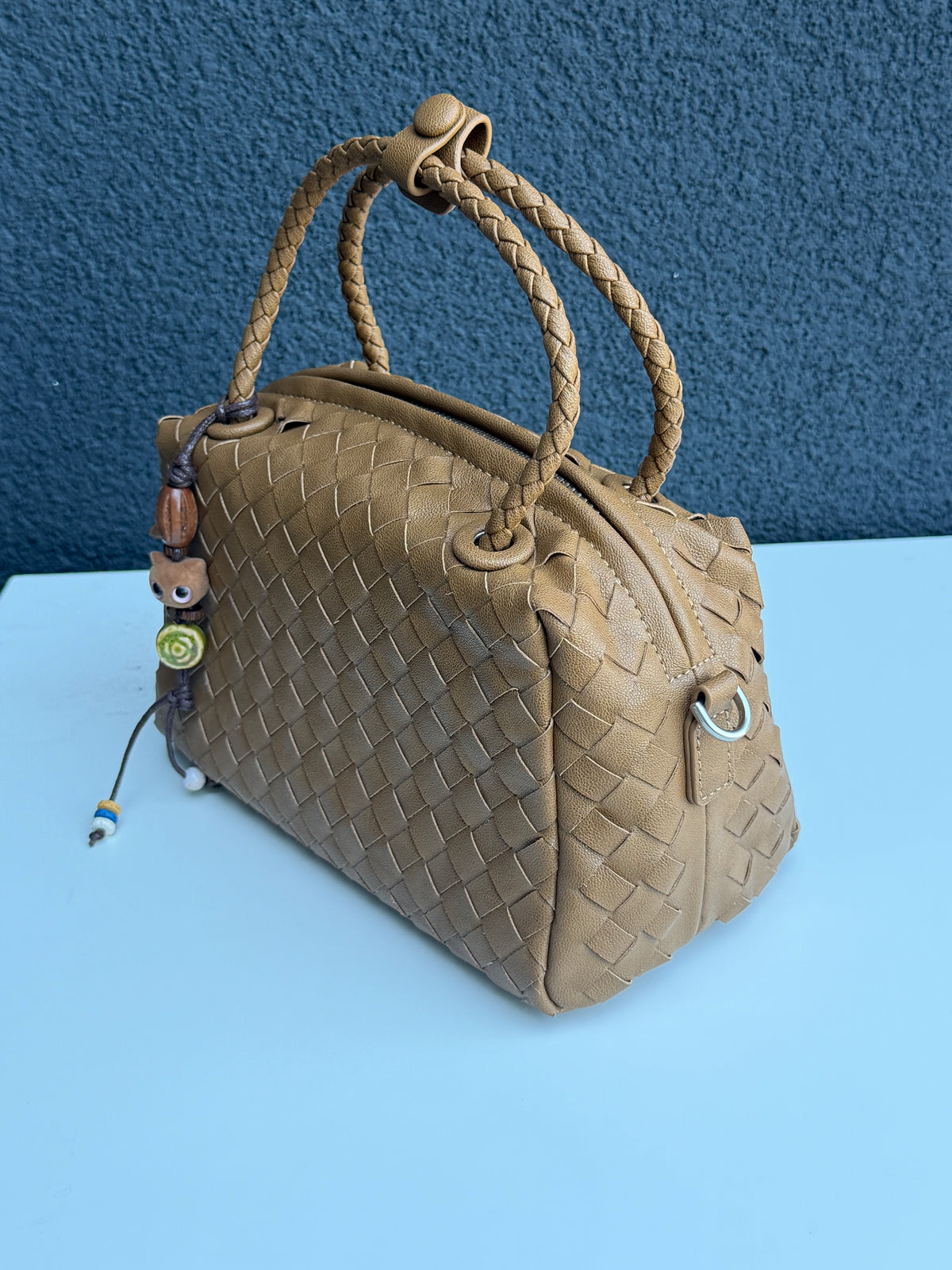 Tan Woven Handbag with Braided Too Handle