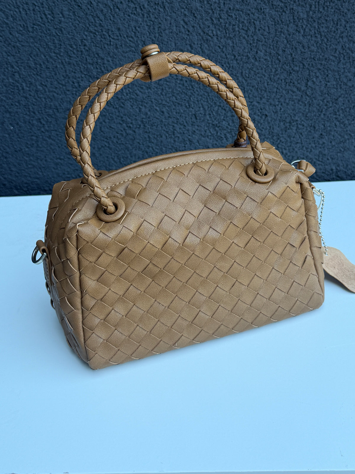 Tan Woven Handbag with Braided Too Handle