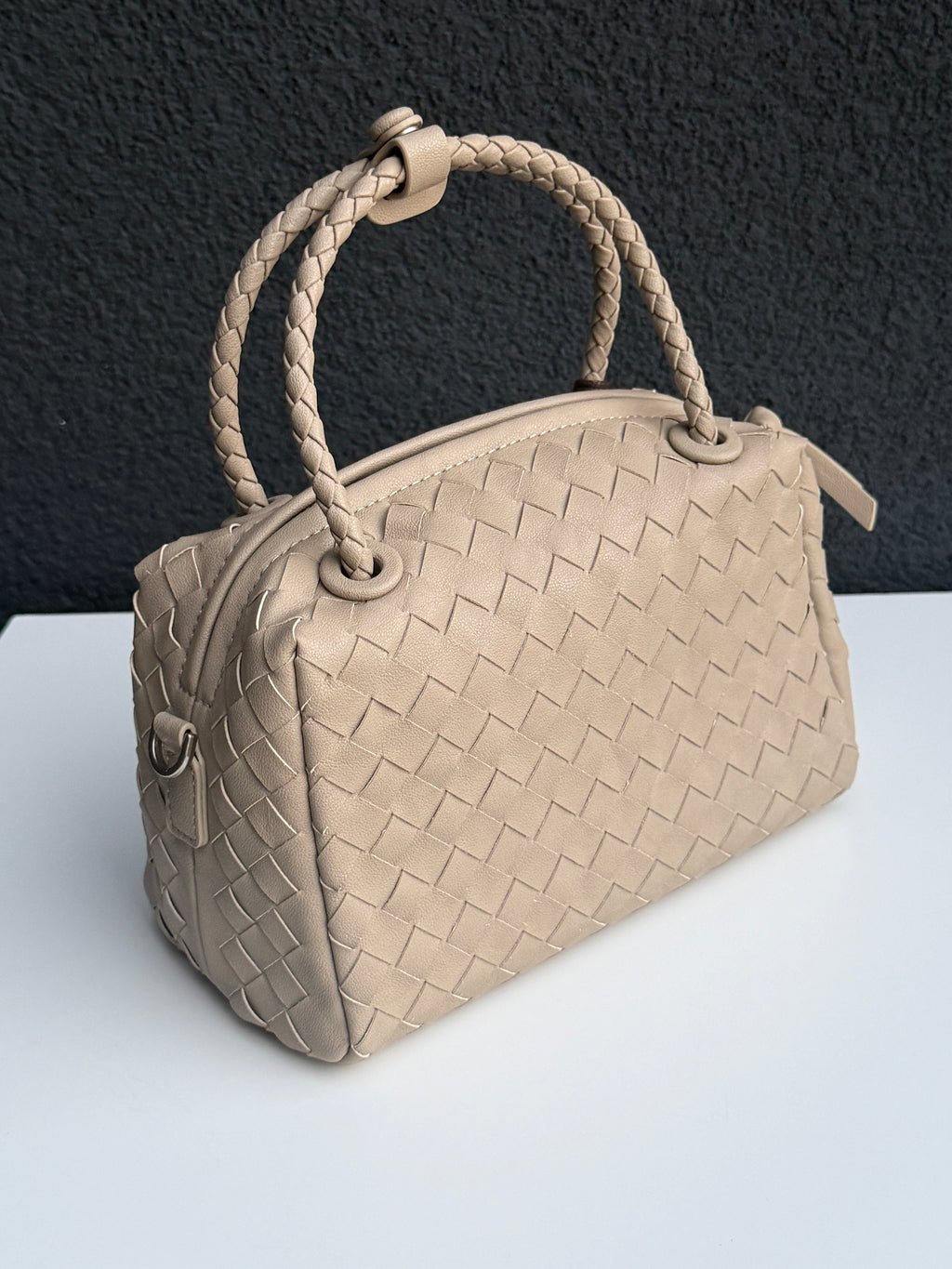 Beige Woven Handbag with Braided Top Handle