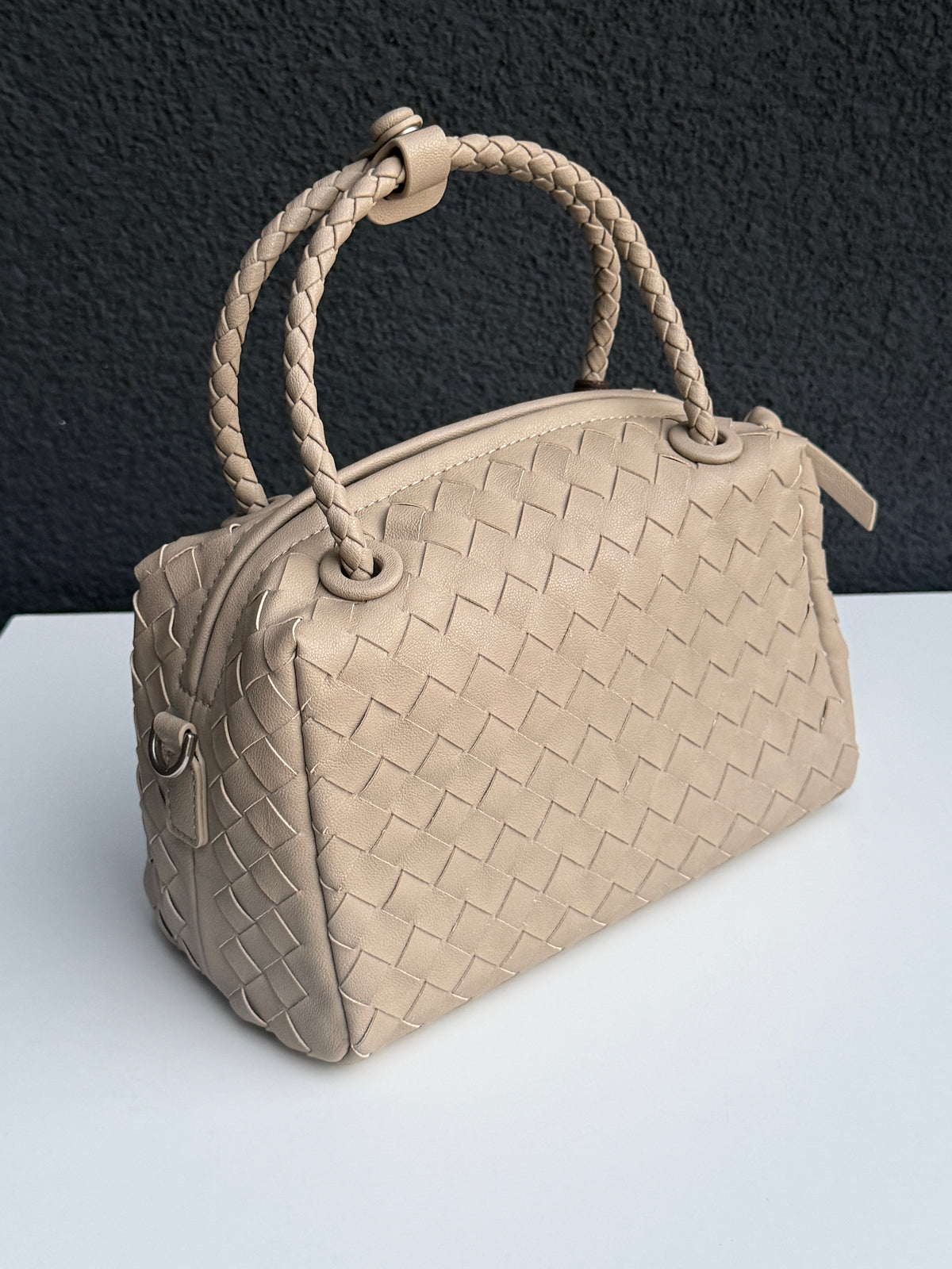 Beige Woven Handbag with Braided Top Handle