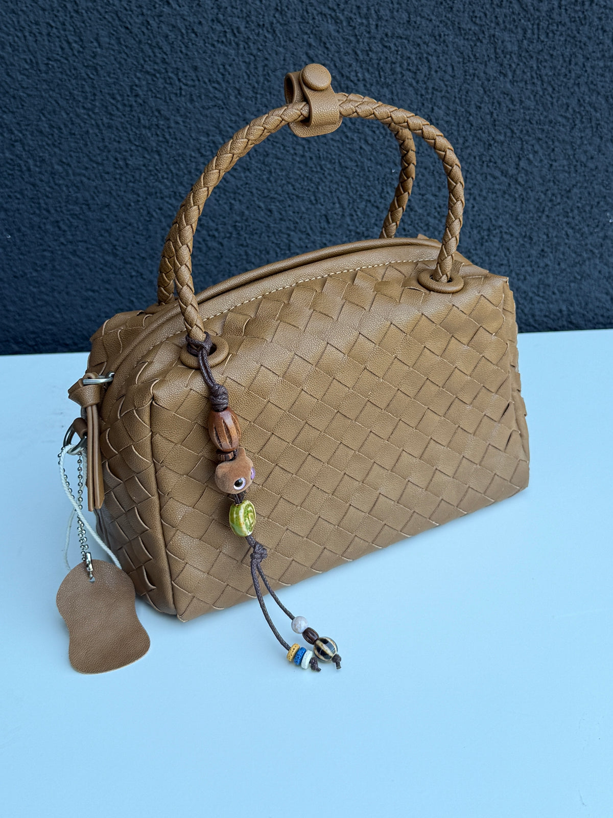 Tan Woven Handbag with Braided Too Handle