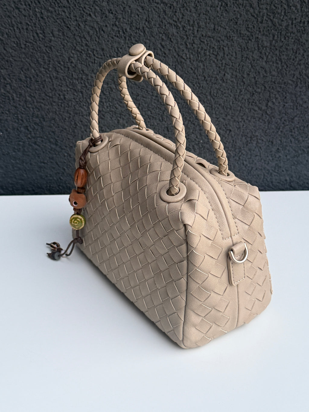 Beige Woven Handbag with Braided Top Handle