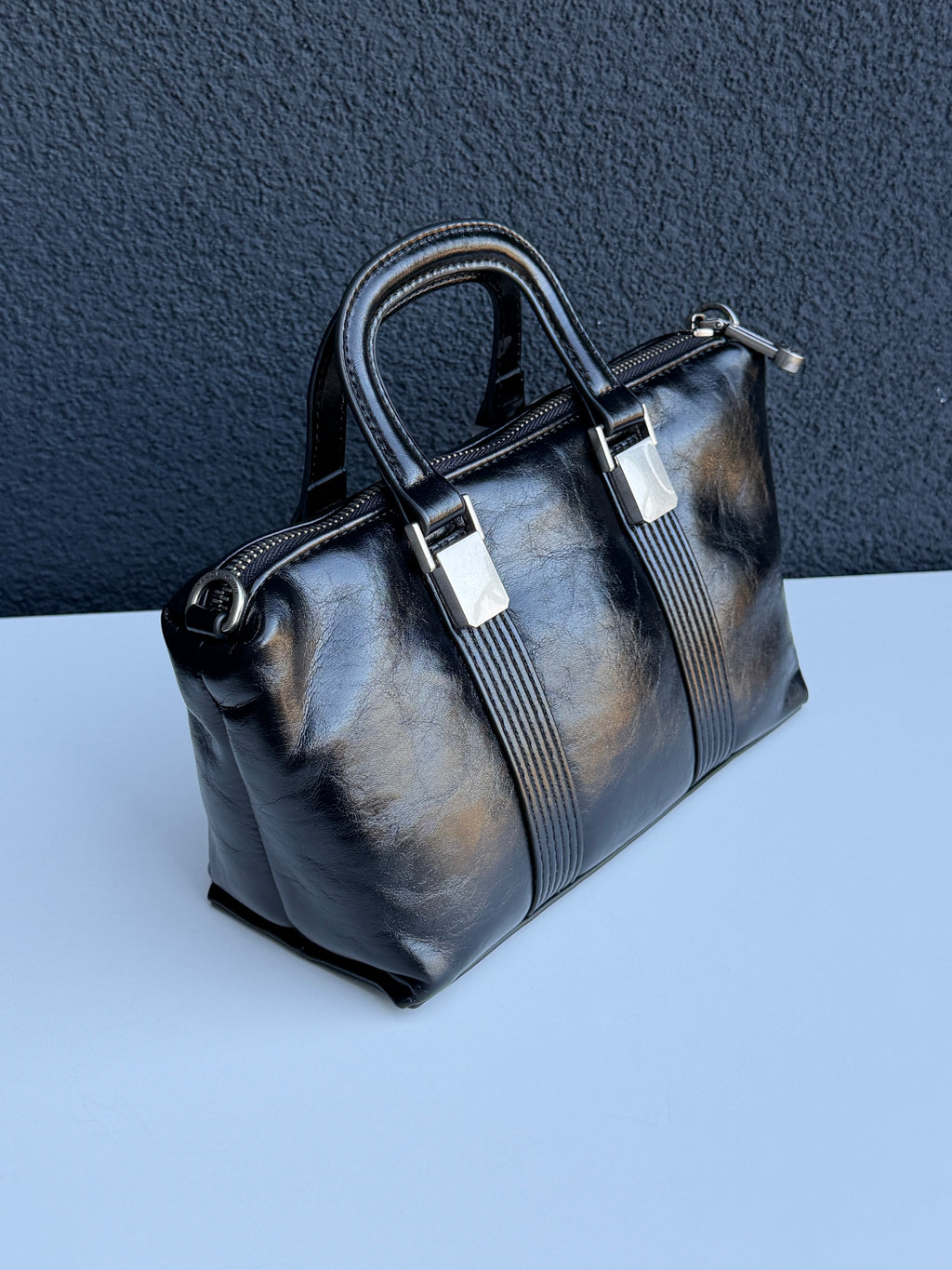 Sanqi Black Leather Top Handle Satchel