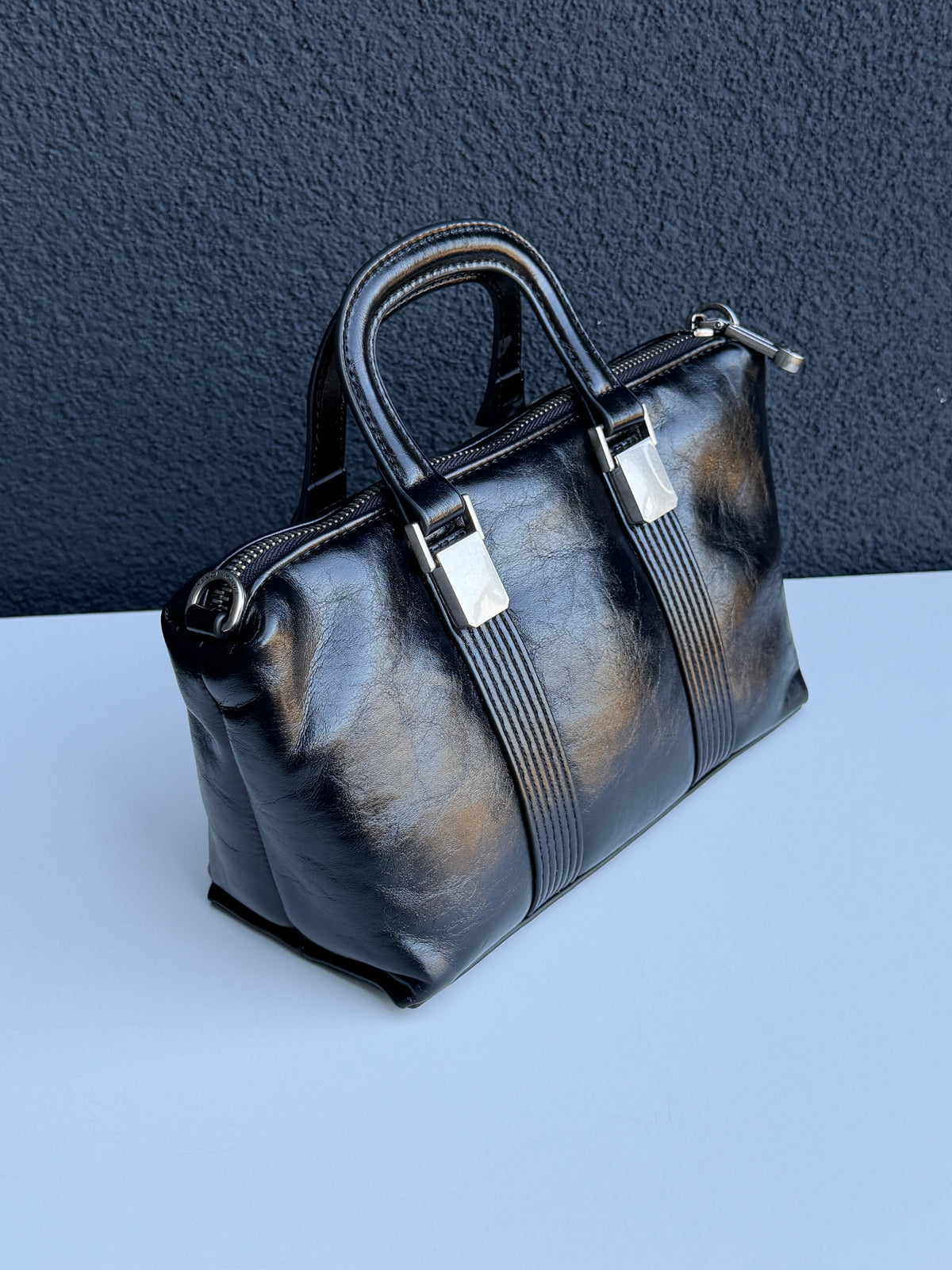 Sanqi Black Leather Top Handle Satchel