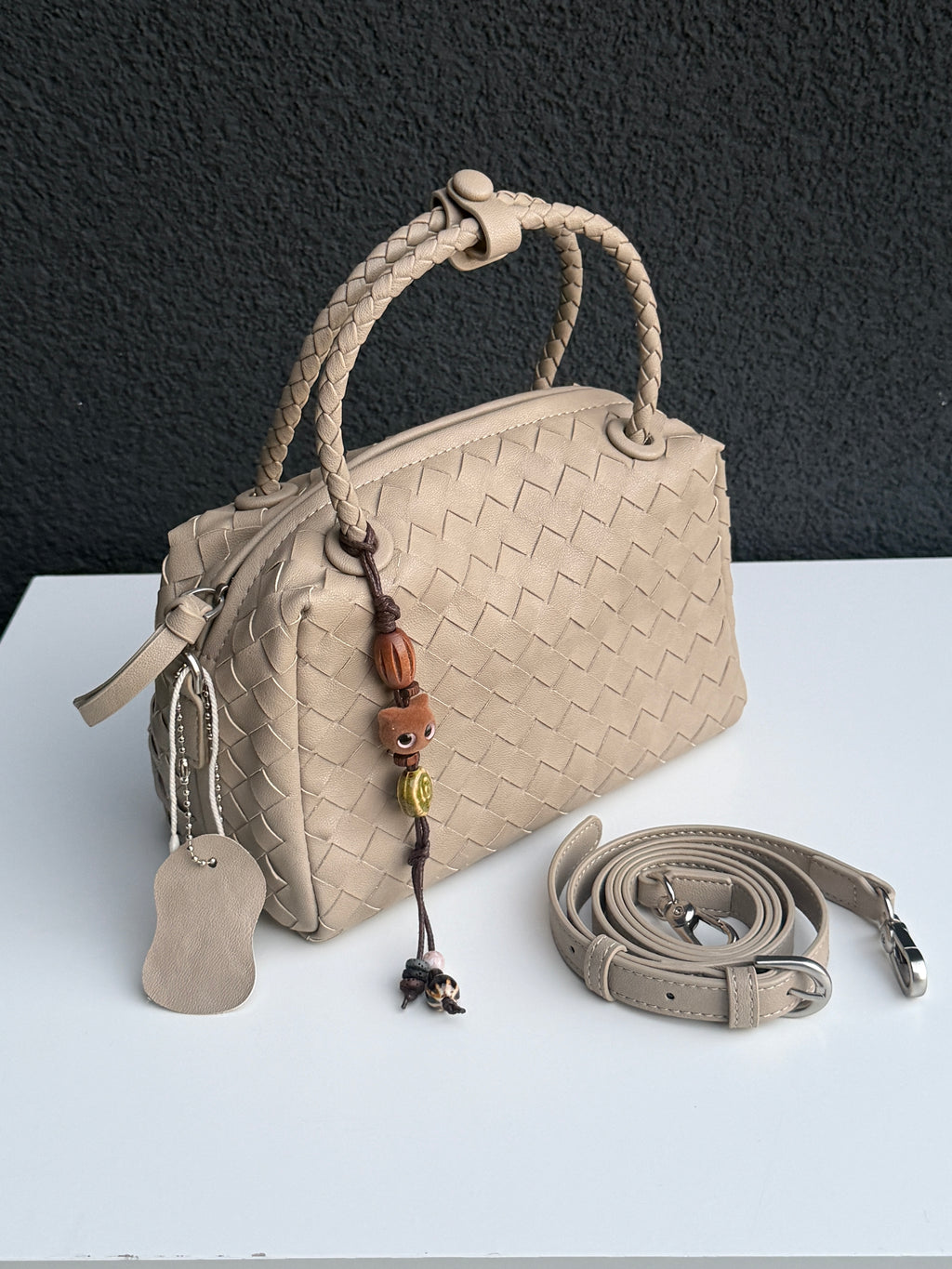 Beige Woven Handbag with Braided Top Handle