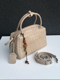 Beige Woven Handbag with Braided Top Handle