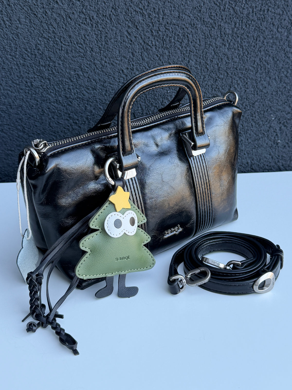 Sanqi Black Leather Top Handle Satchel